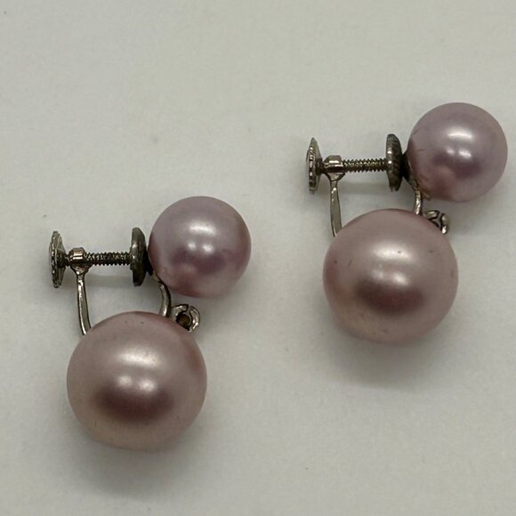 Vtg Pink Faux Pearl Drop Dangle Earrings 925 Screw-Back MCM 1940-50s 5.2 Grams - Picture 7 of 16